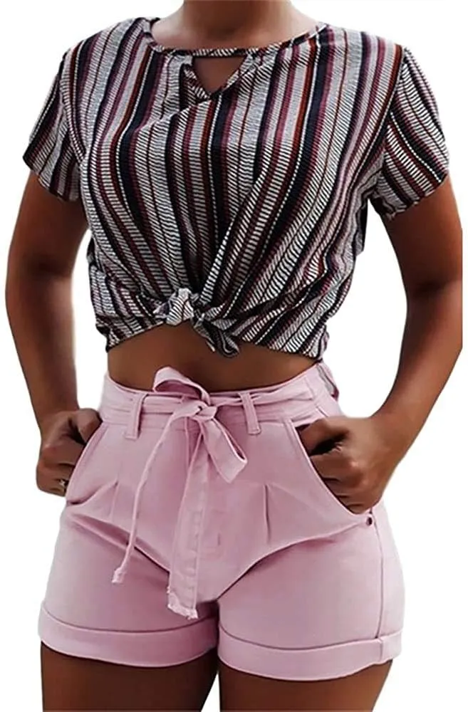 Lailezou Women's High Waist Denim Shorts Casual Classic Stretchy Folded Hem Belt Washed Summer Sexy Shorts Jeans