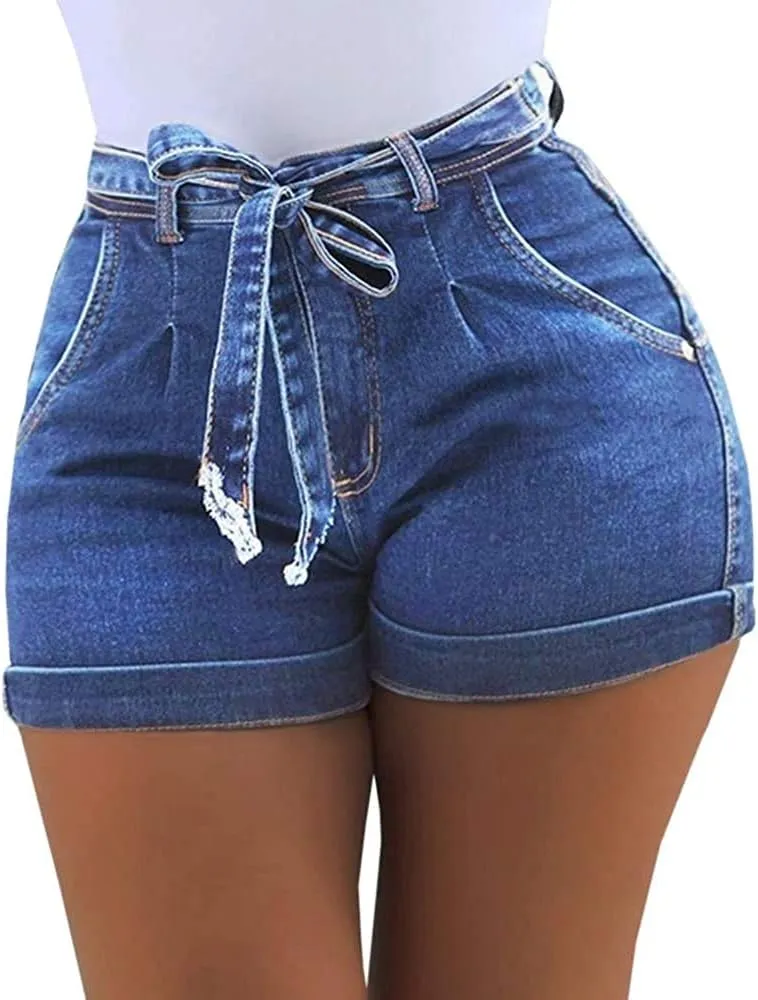 Lailezou Women's High Waist Denim Shorts Casual Classic Stretchy Folded Hem Belt Washed Summer Sexy Shorts Jeans