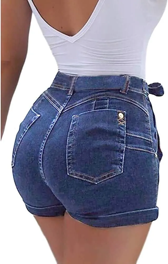 Lailezou Women's High Waist Denim Shorts Casual Classic Stretchy Folded Hem Belt Washed Summer Sexy Shorts Jeans