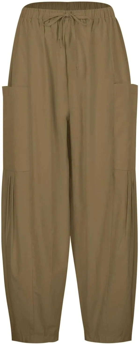 Lastesso Women's Pants Casual Wide Leg Baggy Trousers with Pockets Comfy Cotton Drawstring Travel Vacation Lounge Capris