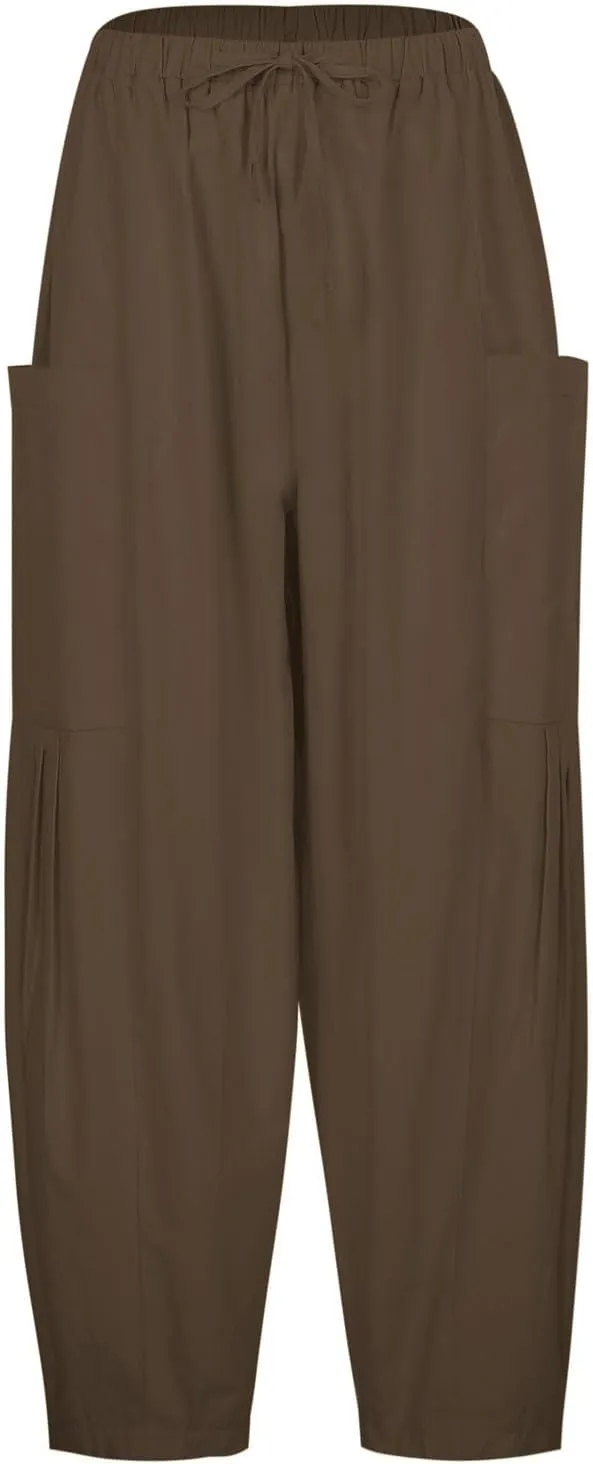 Lastesso Women's Pants Casual Wide Leg Baggy Trousers with Pockets Comfy Cotton Drawstring Travel Vacation Lounge Capris