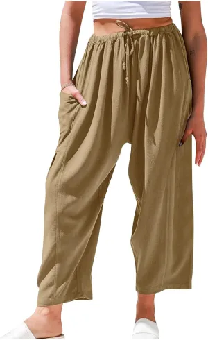 Lastesso Women's Pants Casual Wide Leg Baggy Trousers with Pockets Comfy Cotton Drawstring Travel Vacation Lounge Capris