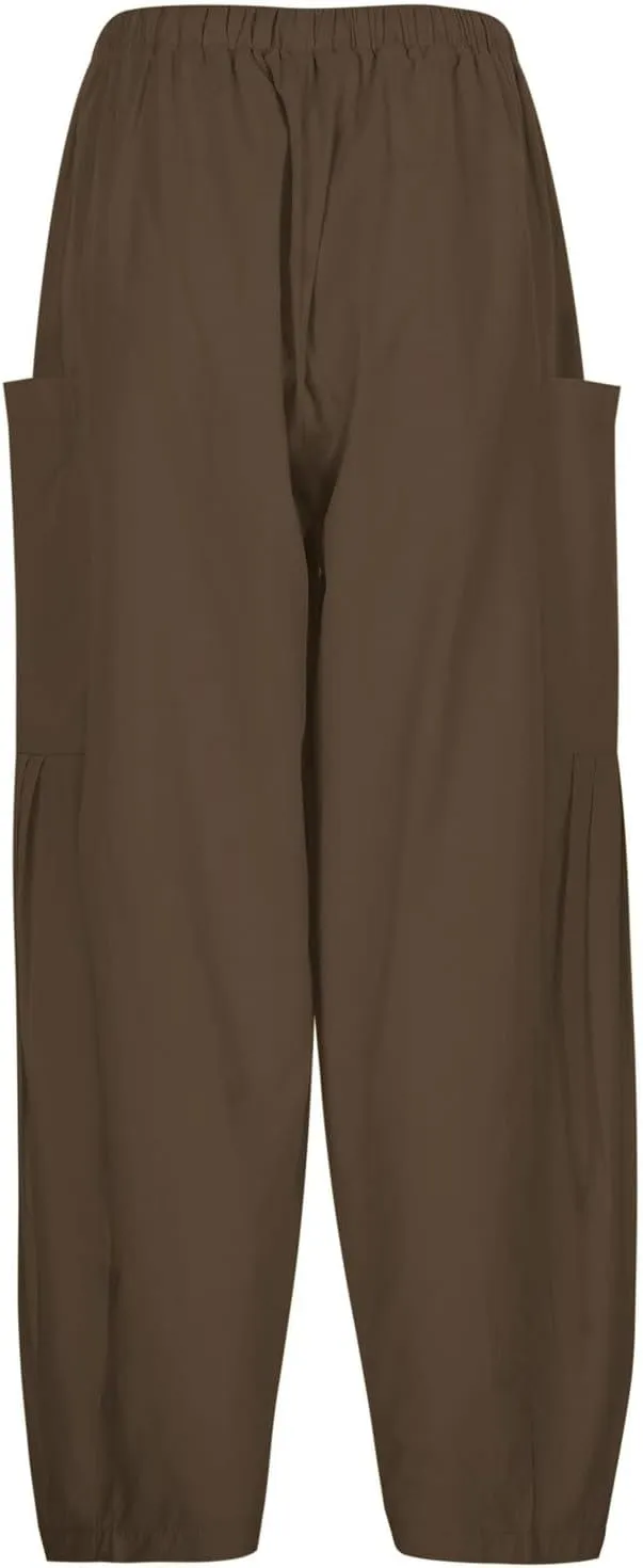 Lastesso Women's Pants Casual Wide Leg Baggy Trousers with Pockets Comfy Cotton Drawstring Travel Vacation Lounge Capris