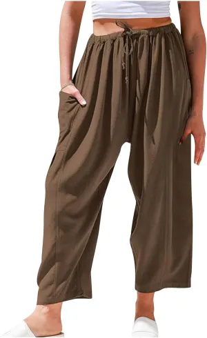Lastesso Women's Pants Casual Wide Leg Baggy Trousers with Pockets Comfy Cotton Drawstring Travel Vacation Lounge Capris