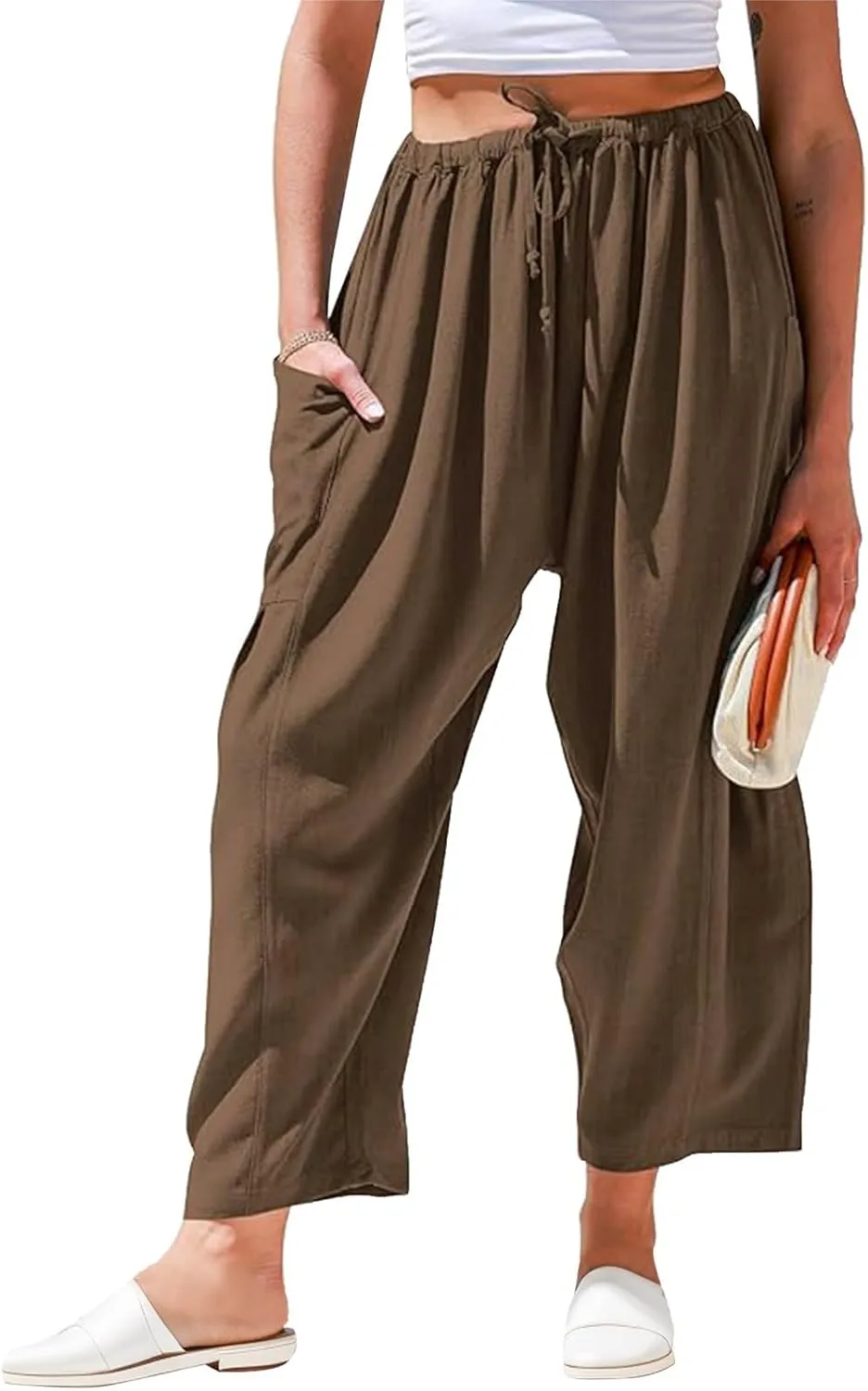 Lastesso Women's Pants Casual Wide Leg Baggy Trousers with Pockets Comfy Cotton Drawstring Travel Vacation Lounge Capris