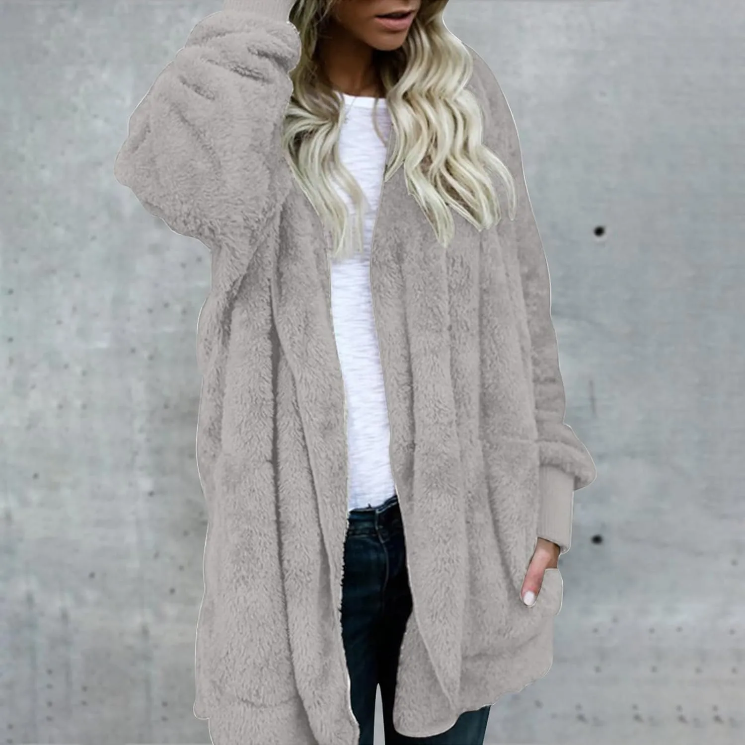 LCMTWX Fleece Jacket Women Patchwork Hooded Zipper Pocket Plush Sweater Jacket Oversized Fluffy Outerwear Sherpa