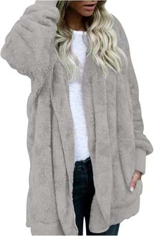 LCMTWX Fleece Jacket Women Patchwork Hooded Zipper Pocket Plush Sweater Jacket Oversized Fluffy Outerwear Sherpa