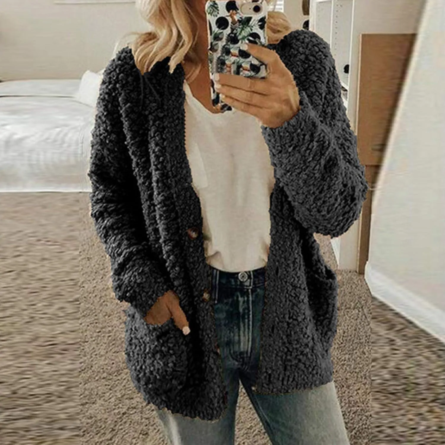 LCMTWX Women Fashion Color Block Faux Shearling Coat Wool Zipper Drawstring Long-Sleeved Hoodie Patchwork Cardigan Coats