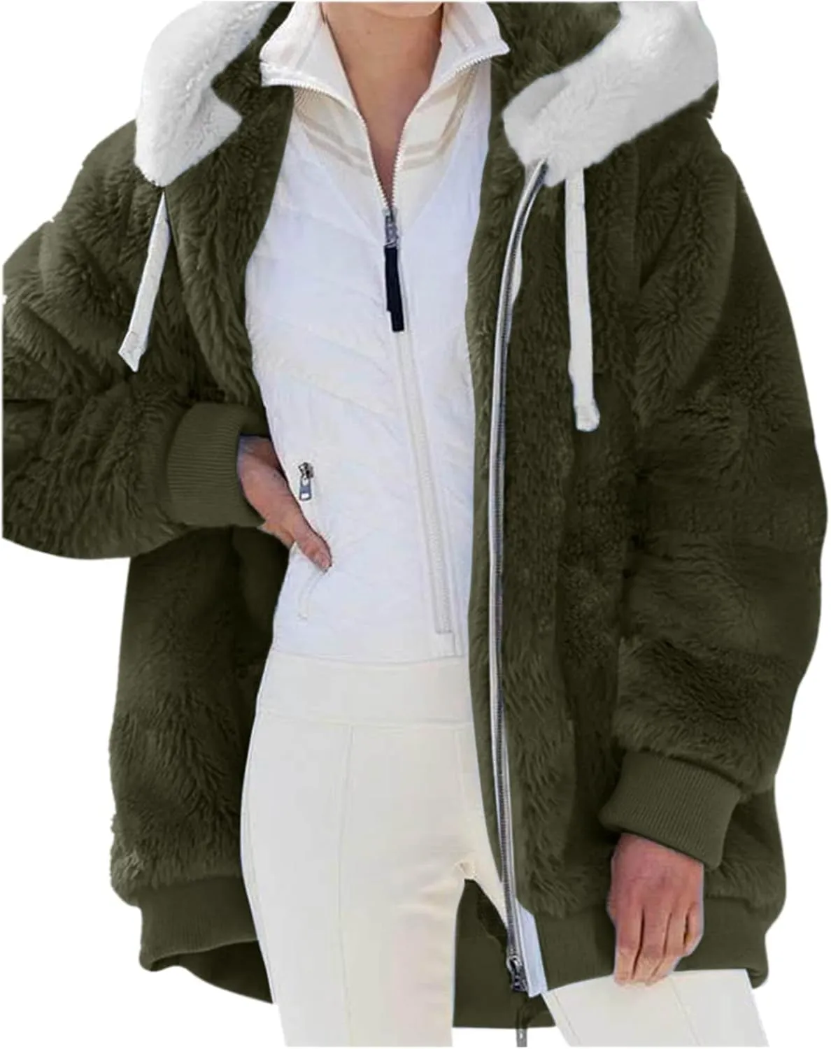 LCMTWX Womens 2023 Winter Fuzzy Fleece Jacket Artificial Wool Zipper Drawstring Solid Oversized Fuzzy Fleece Fluffy De Para