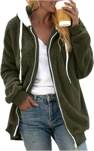 LCMTWX Womens 2023 Winter Fuzzy Fleece Jacket Artificial Wool Zipper Drawstring Solid Oversized Fuzzy Fleece Fluffy De Para