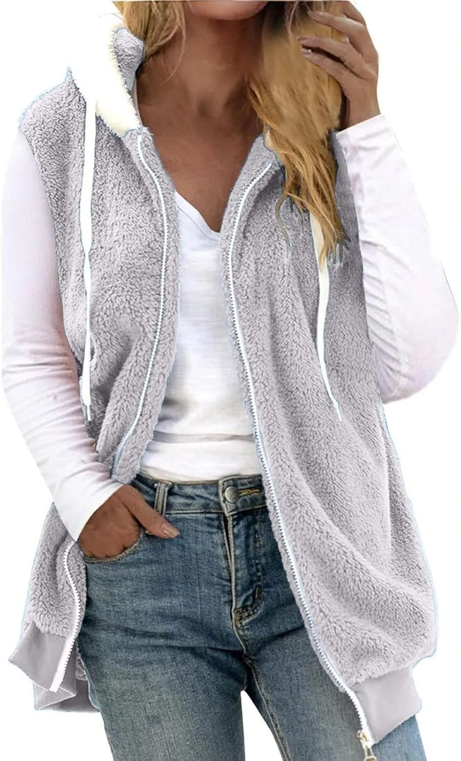 LCMTWX Womens 2023 Winter Fuzzy Fleece Jacket Pocket Zipper Coat Solid Oversized Fuzzy Fleece Fluffy Faux Fur