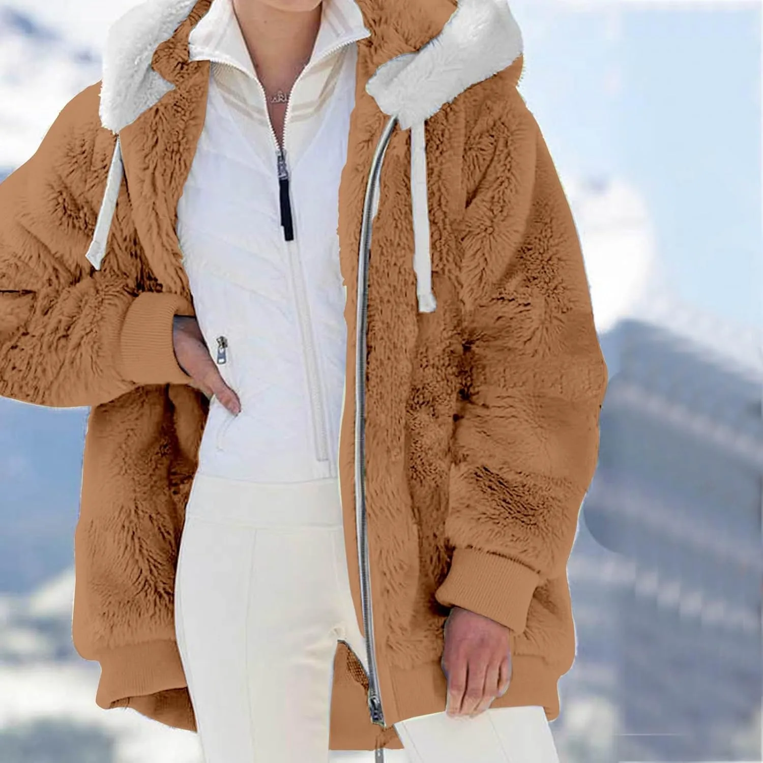 LCMTWX Women's Coats Basic Long Jacket Coat Trendy Color Block Winter Drawstring Hoodie Snow Coat Shaggy Warm Winter Fleece