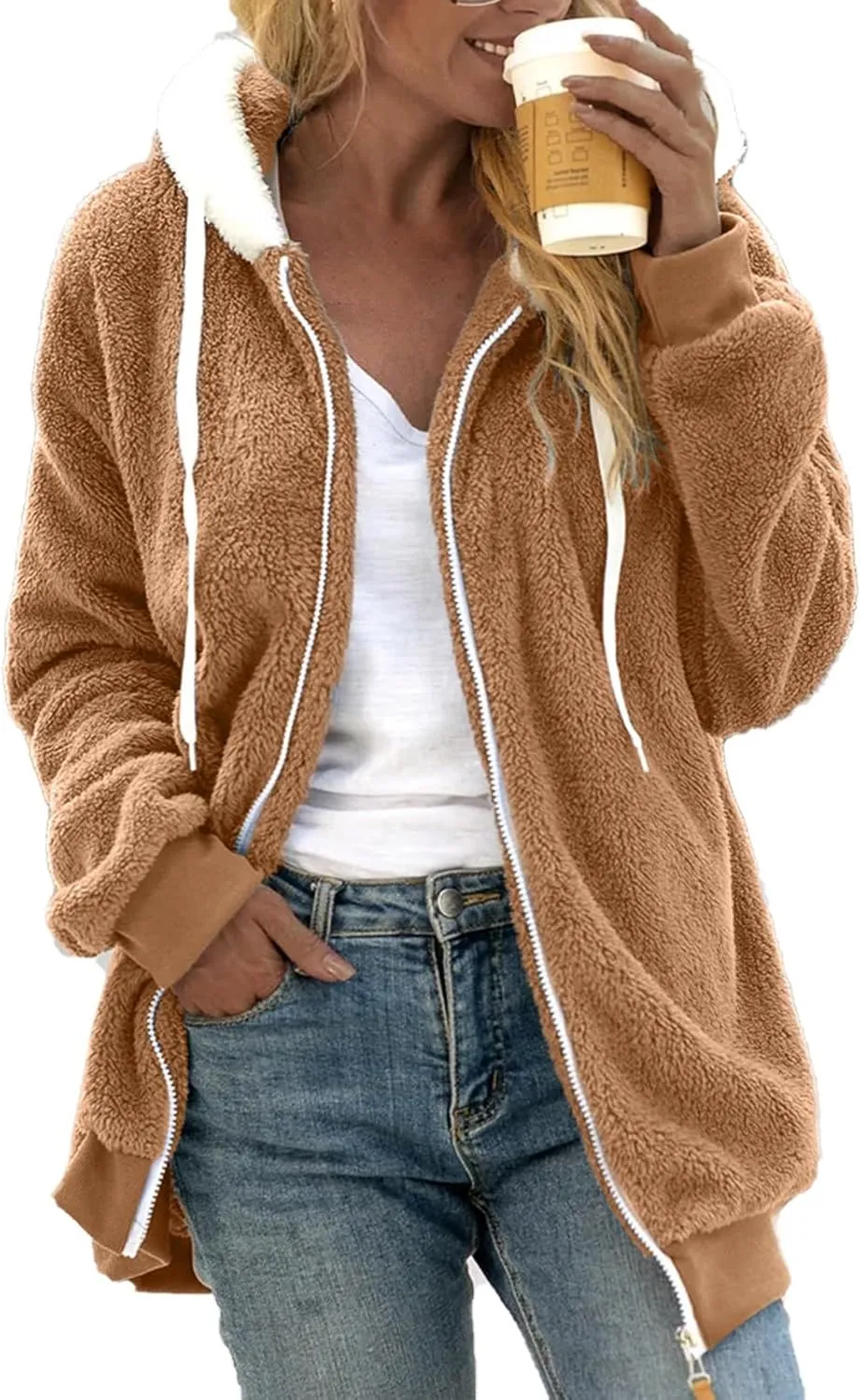 LCMTWX Women's Coats Basic Long Jacket Coat Trendy Color Block Winter Drawstring Hoodie Snow Coat Shaggy Warm Winter Fleece