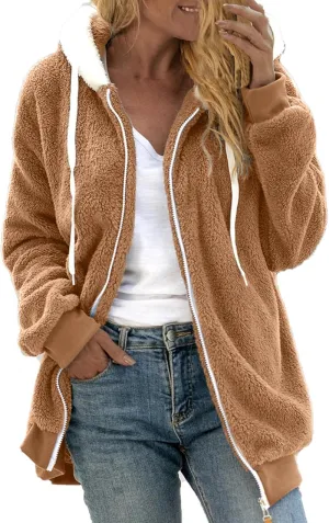 LCMTWX Women's Coats Basic Long Jacket Coat Trendy Color Block Winter Drawstring Hoodie Snow Coat Shaggy Warm Winter Fleece