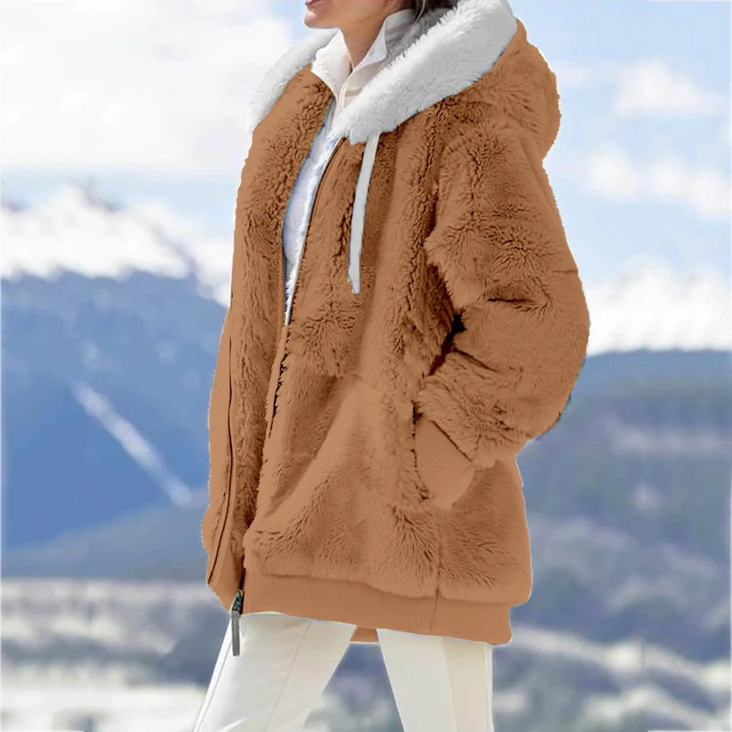 LCMTWX Women's Coats Basic Long Jacket Coat Trendy Color Block Winter Drawstring Hoodie Snow Coat Shaggy Warm Winter Fleece