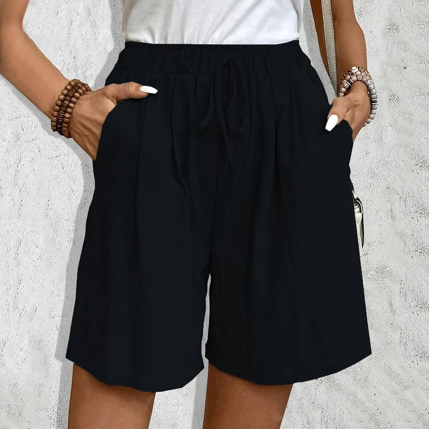 Linen Bermuda Shorts for Women Wide Leg Elastic Waisted Shorts Casual Summer Flowy Trouser Short Pants with Pockets
