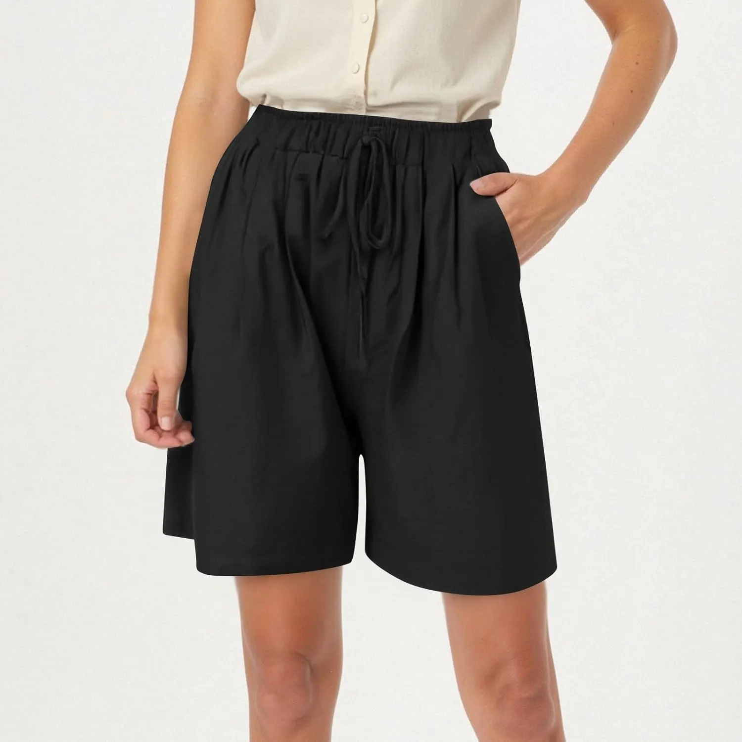 Linen Bermuda Shorts for Women Wide Leg Elastic Waisted Shorts Casual Summer Flowy Trouser Short Pants with Pockets