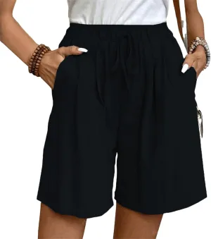 Linen Bermuda Shorts for Women Wide Leg Elastic Waisted Shorts Casual Summer Flowy Trouser Short Pants with Pockets