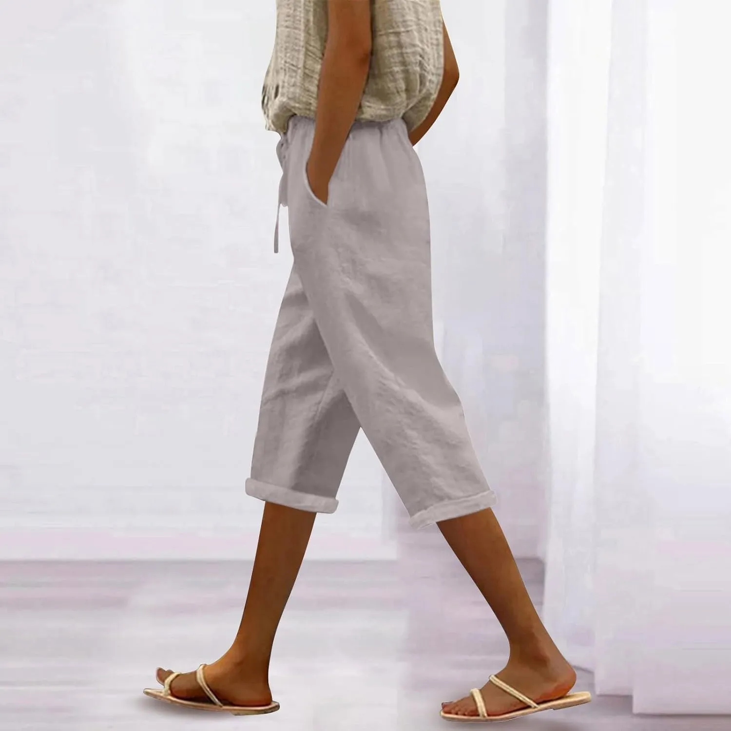 Linen Capri Pants for Women High Waisted Drawstring Pant Comfy Soft Trousers Casual Resort Wear Beach Clothes