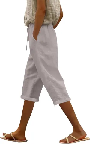 Linen Capri Pants for Women High Waisted Drawstring Pant Comfy Soft Trousers Casual Resort Wear Beach Clothes
