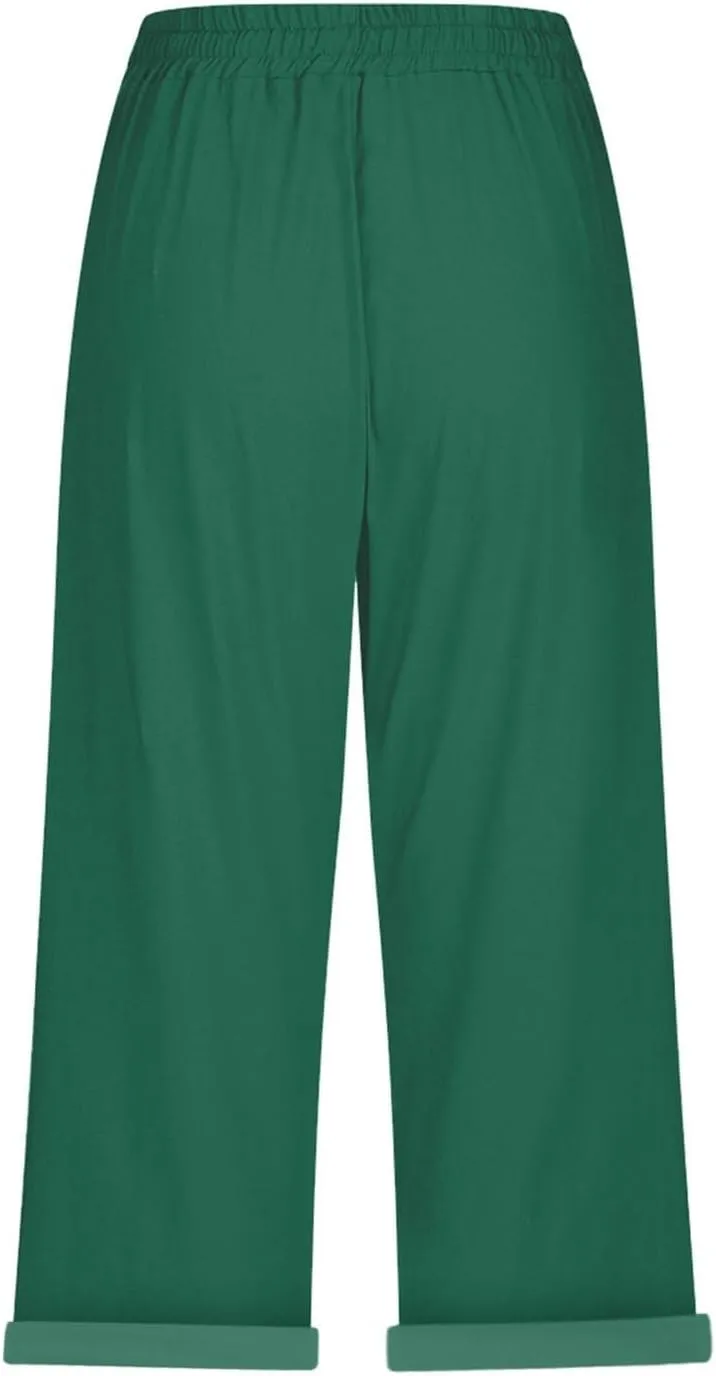 Linen Capri Pants for Women High Waisted Drawstring Pant Comfy Soft Trousers Casual Resort Wear Beach Clothes