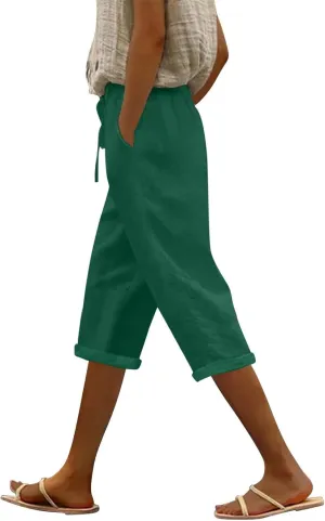 Linen Capri Pants for Women High Waisted Drawstring Pant Comfy Soft Trousers Casual Resort Wear Beach Clothes