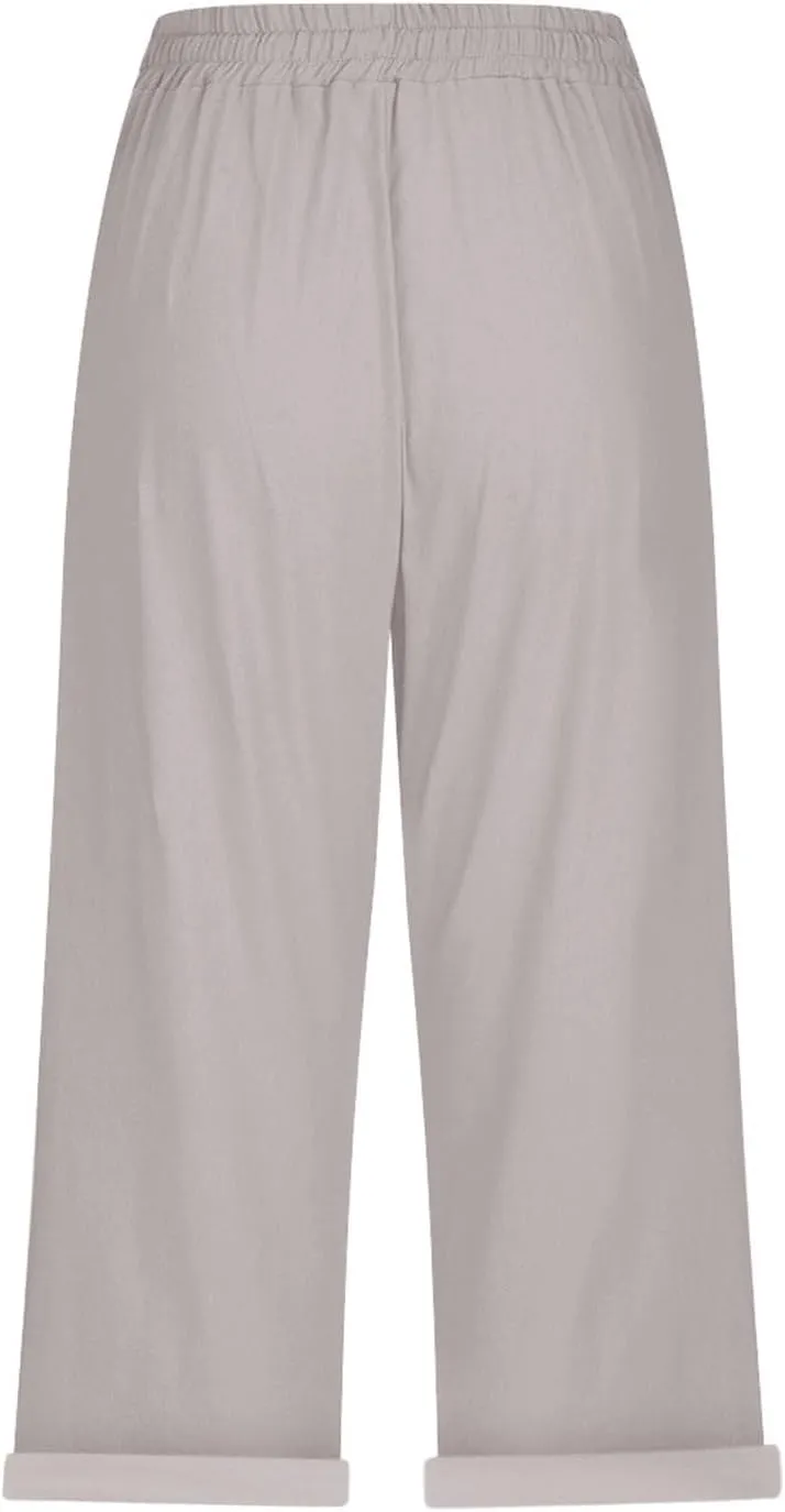 Linen Capri Pants for Women High Waisted Drawstring Pant Comfy Soft Trousers Casual Resort Wear Beach Clothes