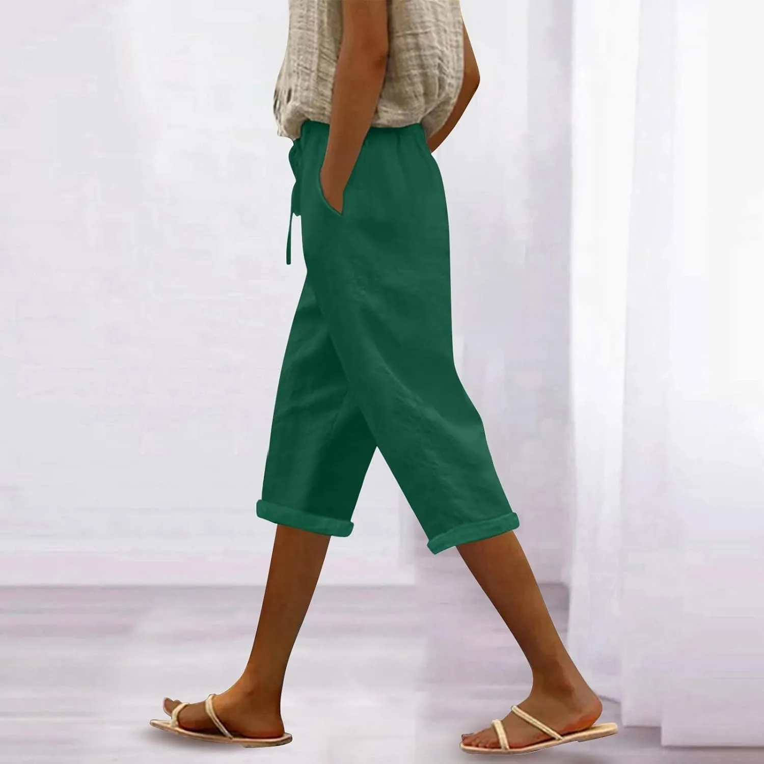 Linen Capri Pants for Women High Waisted Drawstring Pant Comfy Soft Trousers Casual Resort Wear Beach Clothes