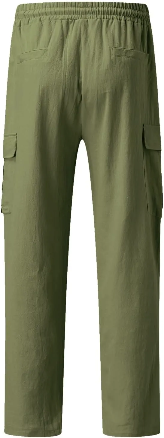 Linen Pants for Men Casual Lightweight Loose Fit Drawstring Waist Wide Leg Breathable Summer Beach Pants