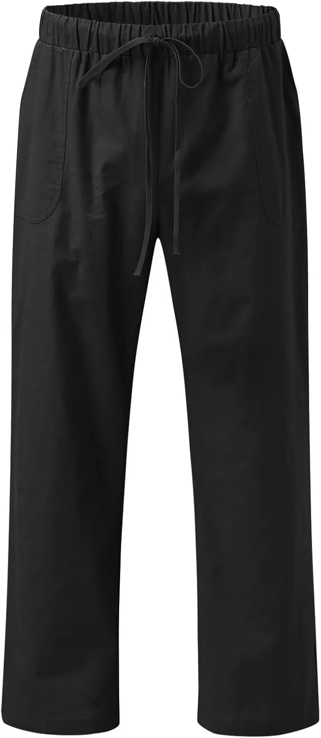 Linen Pants for Men Casual Lightweight Loose Fit Drawstring Waist Wide Leg Breathable Summer Beach Pants