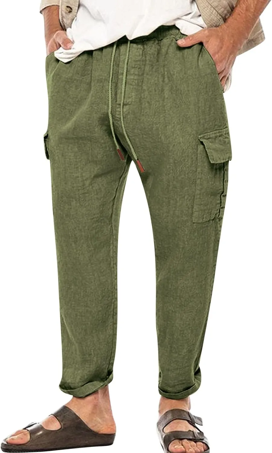 Linen Pants for Men Casual Lightweight Loose Fit Drawstring Waist Wide Leg Breathable Summer Beach Pants