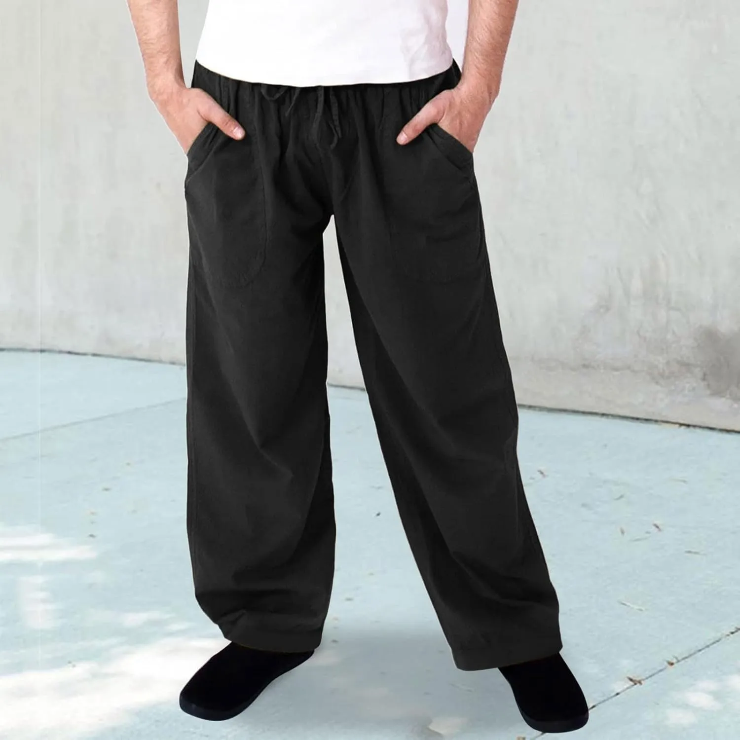 Linen Pants for Men Casual Lightweight Loose Fit Drawstring Waist Wide Leg Breathable Summer Beach Pants