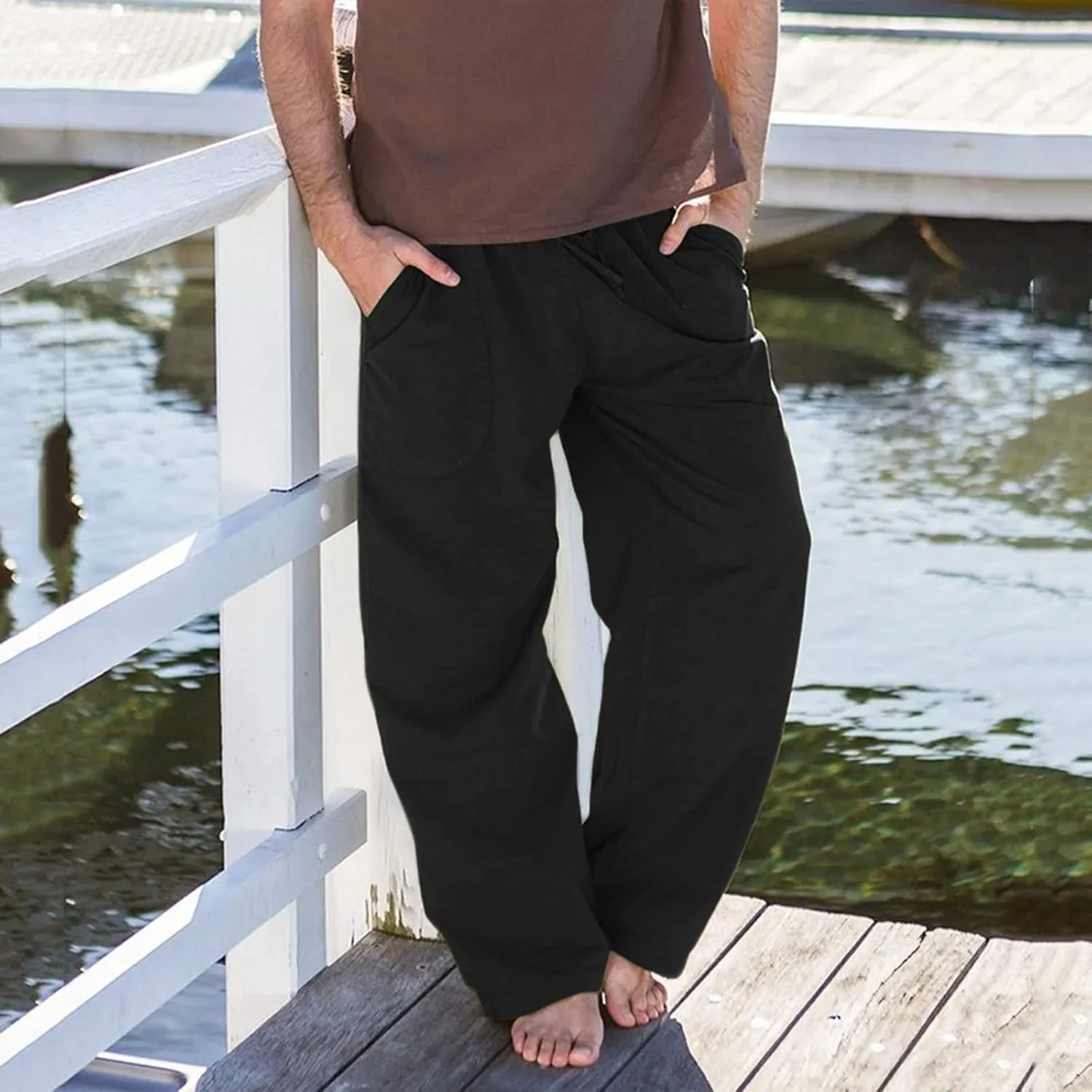 Linen Pants for Men Casual Lightweight Loose Fit Drawstring Waist Wide Leg Breathable Summer Beach Pants