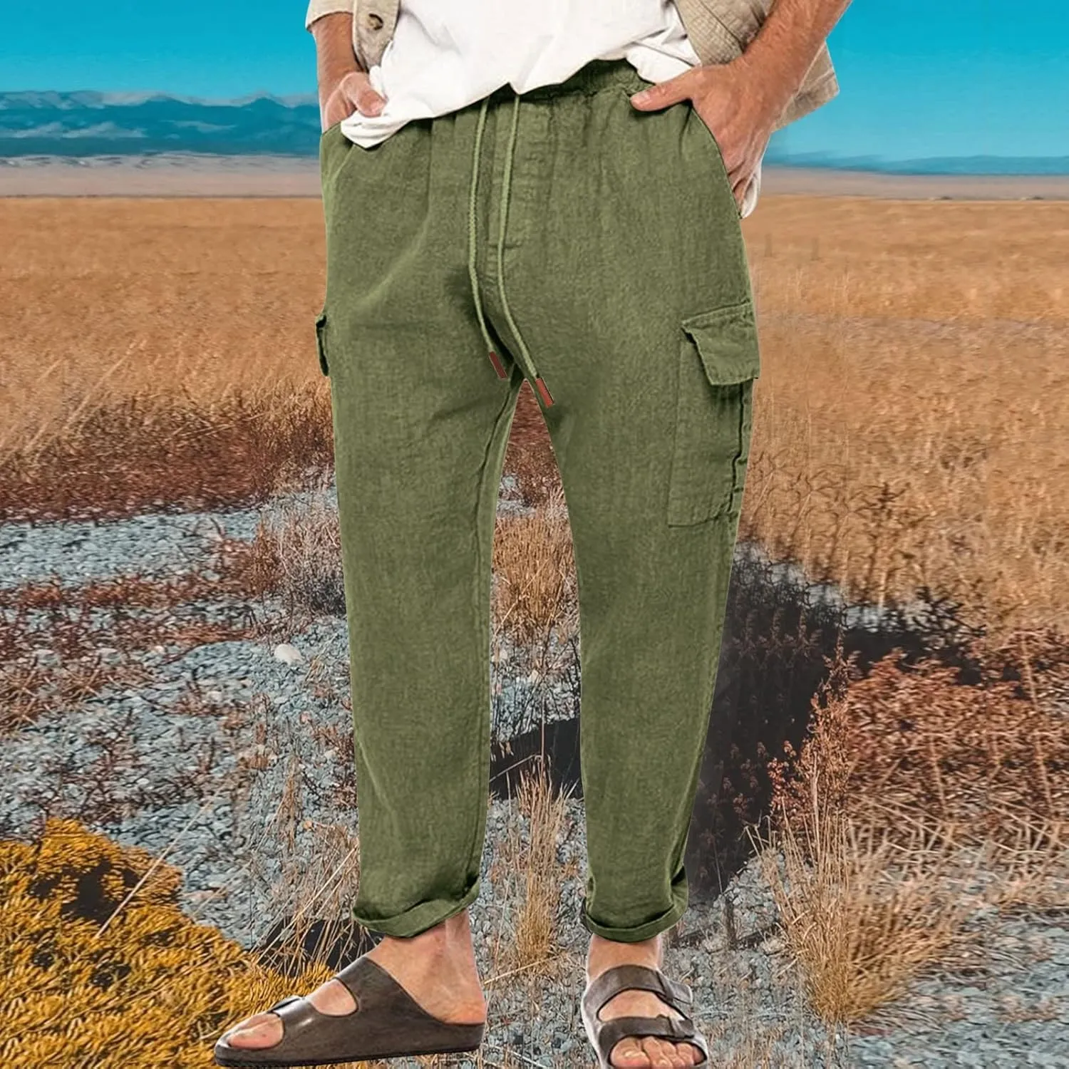 Linen Pants for Men Casual Lightweight Loose Fit Drawstring Waist Wide Leg Breathable Summer Beach Pants