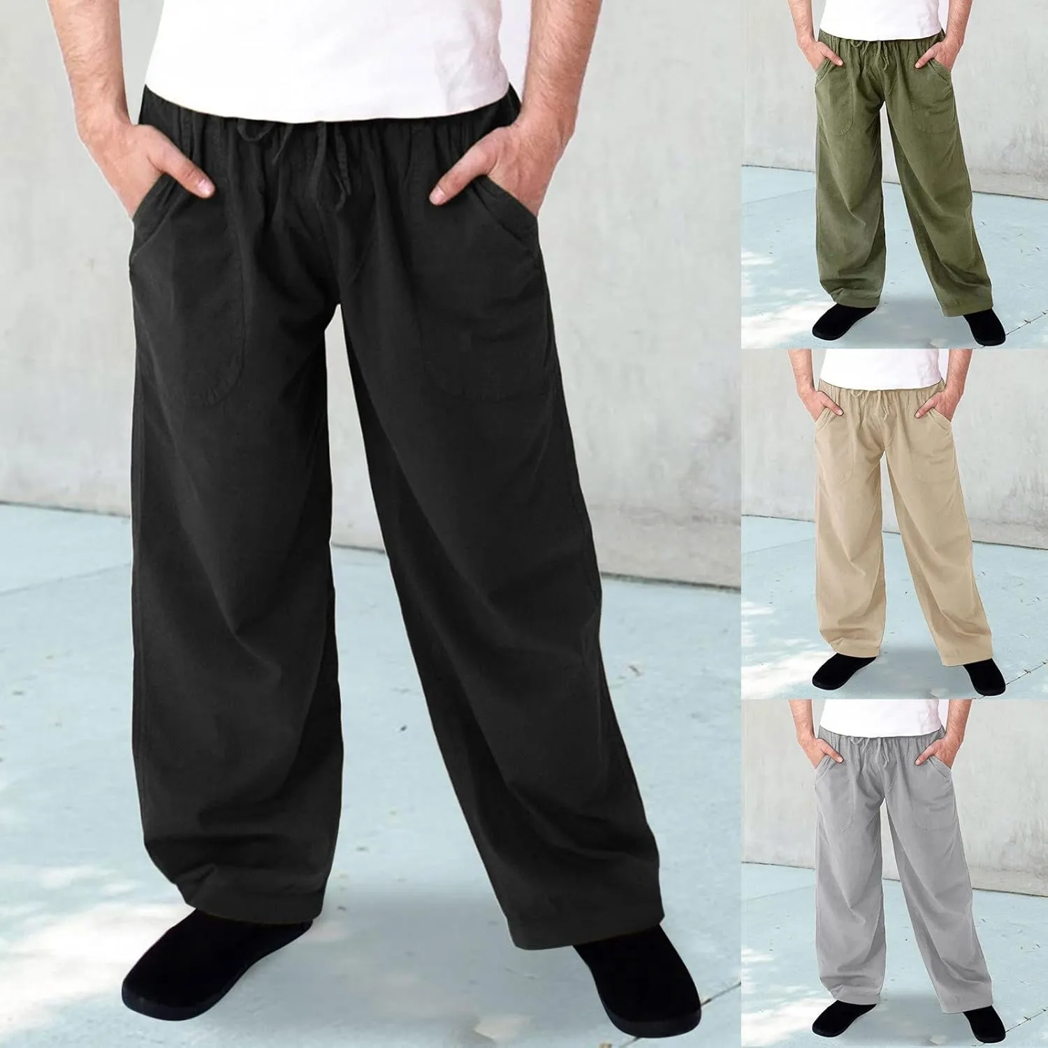 Linen Pants for Men Casual Lightweight Loose Fit Drawstring Waist Wide Leg Breathable Summer Beach Pants