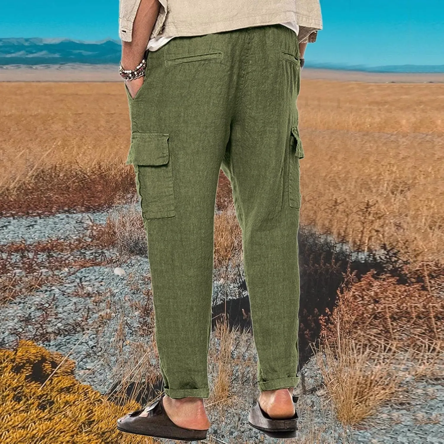 Linen Pants for Men Casual Lightweight Loose Fit Drawstring Waist Wide Leg Breathable Summer Beach Pants