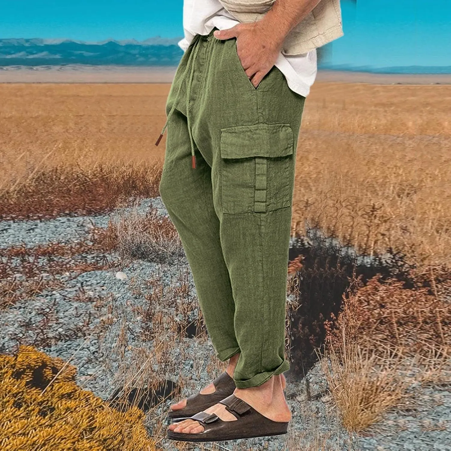Linen Pants for Men Casual Lightweight Loose Fit Drawstring Waist Wide Leg Breathable Summer Beach Pants