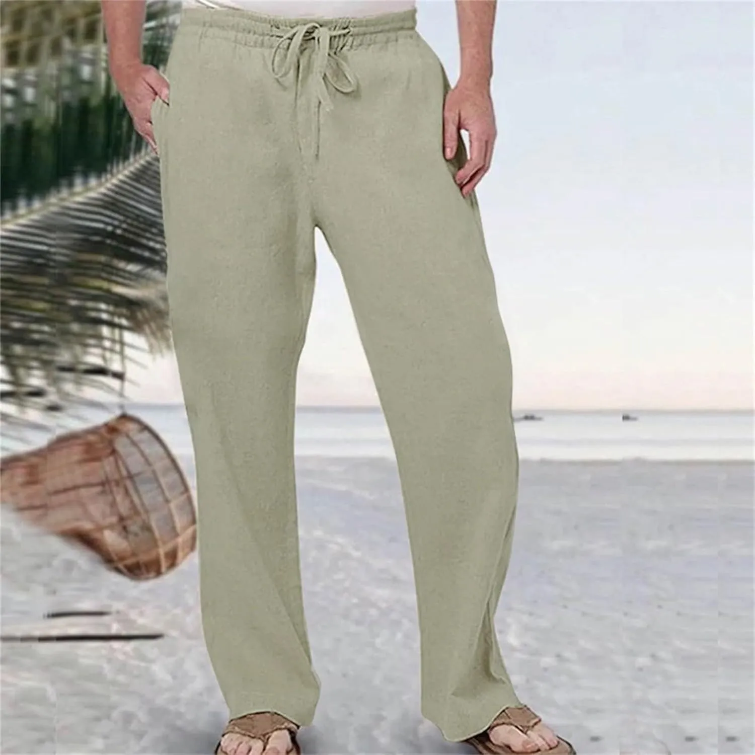 Linen Pants for Men Casual Relaxed Fit Lightweight Wide Leg Elastic Waist Breathable Pants Baggy Joggers