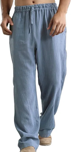 Linen Pants for Men Casual Relaxed Fit Lightweight Wide Leg Elastic Waist Breathable Pants Baggy Joggers