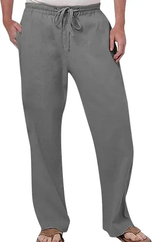 Linen Pants for Men Casual Relaxed Fit Lightweight Wide Leg Elastic Waist Breathable Pants Baggy Joggers