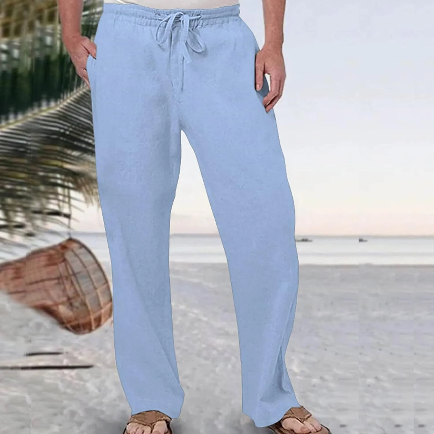 Linen Pants for Men Casual Relaxed Fit Lightweight Wide Leg Elastic Waist Breathable Pants Baggy Joggers