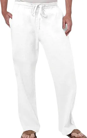 Linen Pants for Men Casual Relaxed Fit Lightweight Wide Leg Elastic Waist Breathable Pants Baggy Joggers