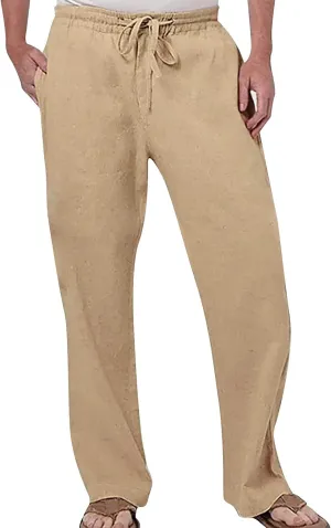 Linen Pants for Men Casual Relaxed Fit Lightweight Wide Leg Elastic Waist Breathable Pants Baggy Joggers