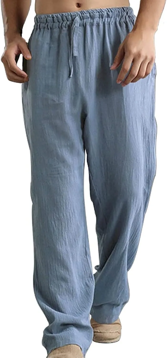 Linen Pants for Men Casual Relaxed Fit Lightweight Wide Leg Elastic Waist Breathable Pants Baggy Joggers