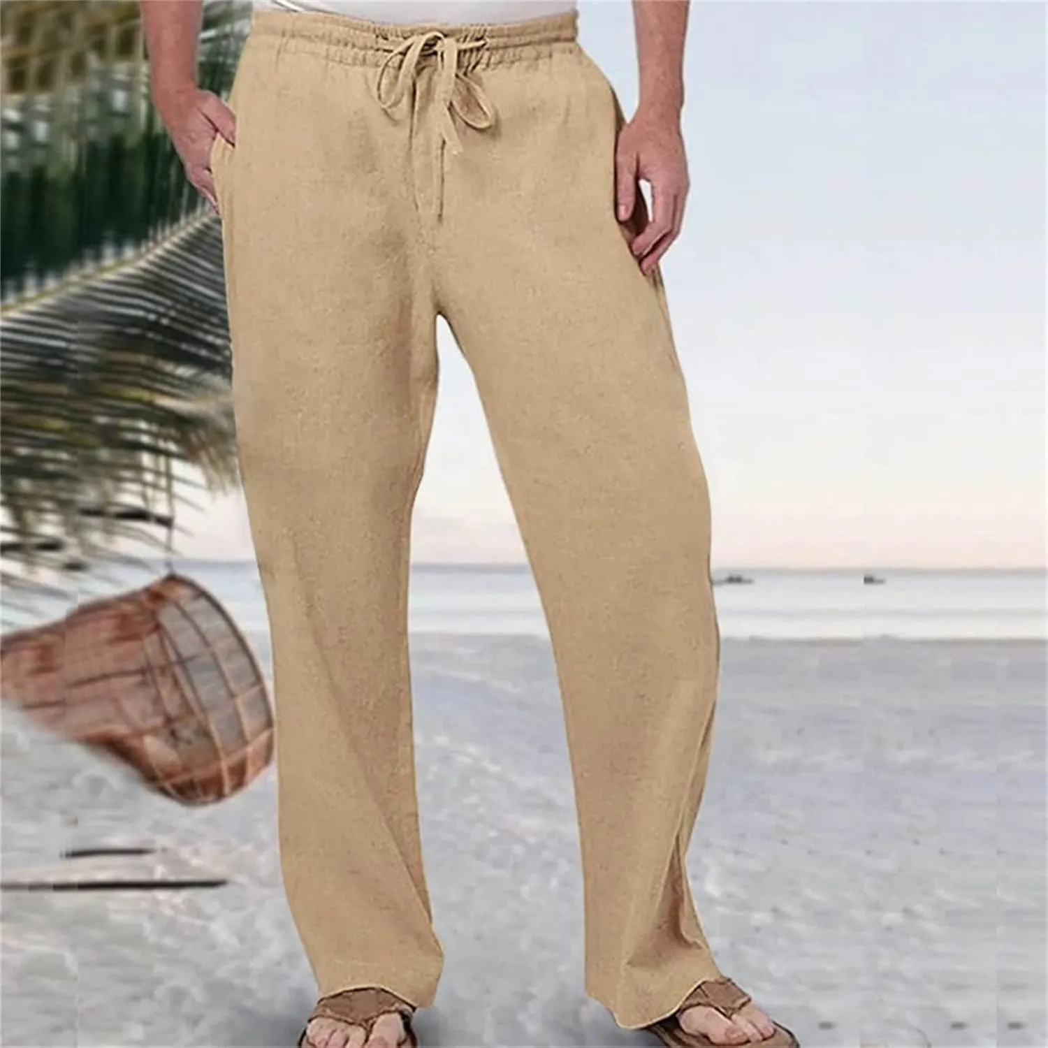 Linen Pants for Men Casual Relaxed Fit Lightweight Wide Leg Elastic Waist Breathable Pants Baggy Joggers