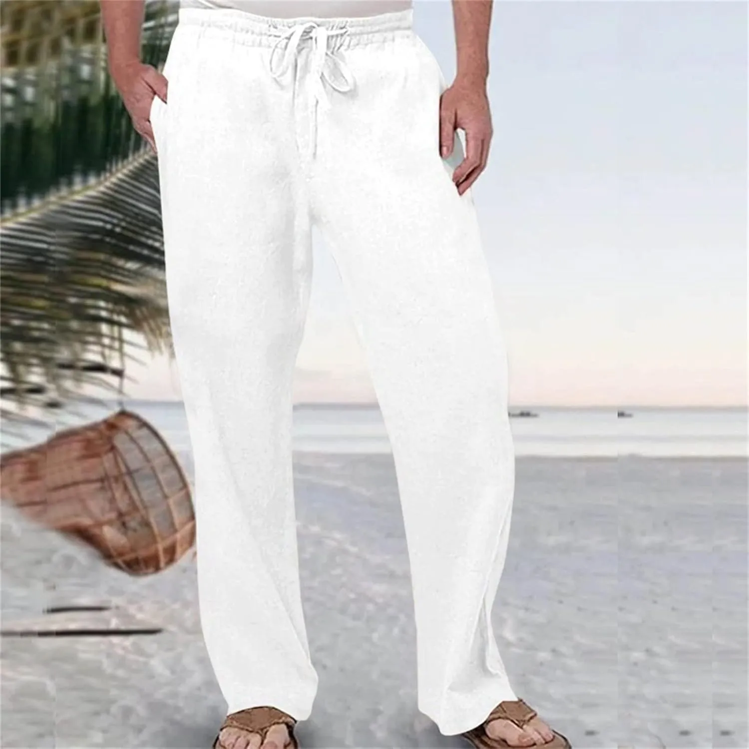 Linen Pants for Men Casual Relaxed Fit Lightweight Wide Leg Elastic Waist Breathable Pants Baggy Joggers