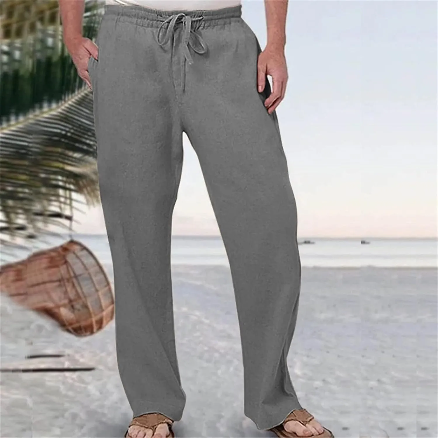 Linen Pants for Men Casual Relaxed Fit Lightweight Wide Leg Elastic Waist Breathable Pants Baggy Joggers
