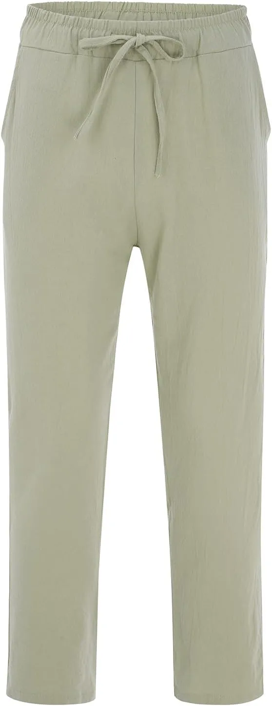Linen Pants for Men Casual Relaxed Fit Lightweight Wide Leg Elastic Waist Breathable Pants Baggy Joggers