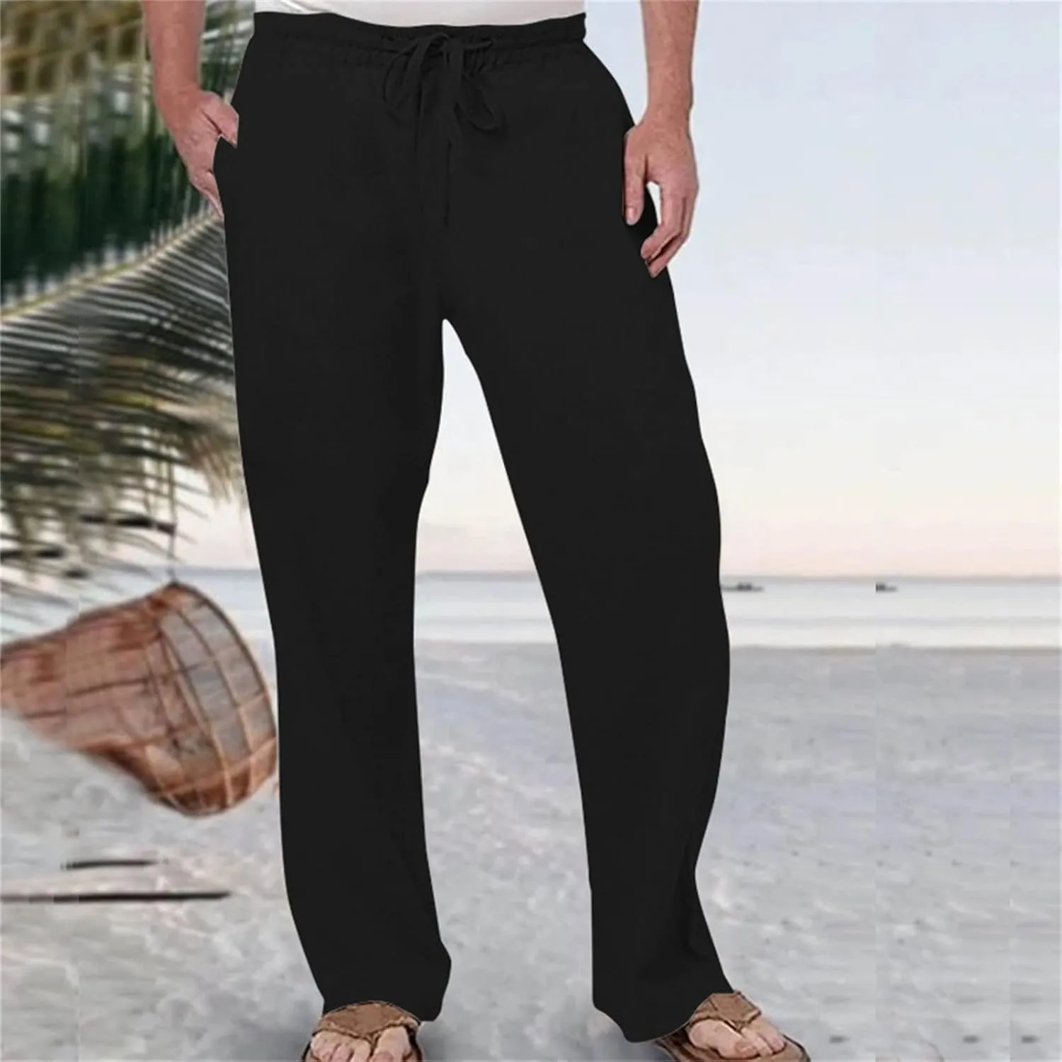 Linen Pants for Men Casual Relaxed Fit Lightweight Wide Leg Elastic Waist Breathable Pants Baggy Joggers