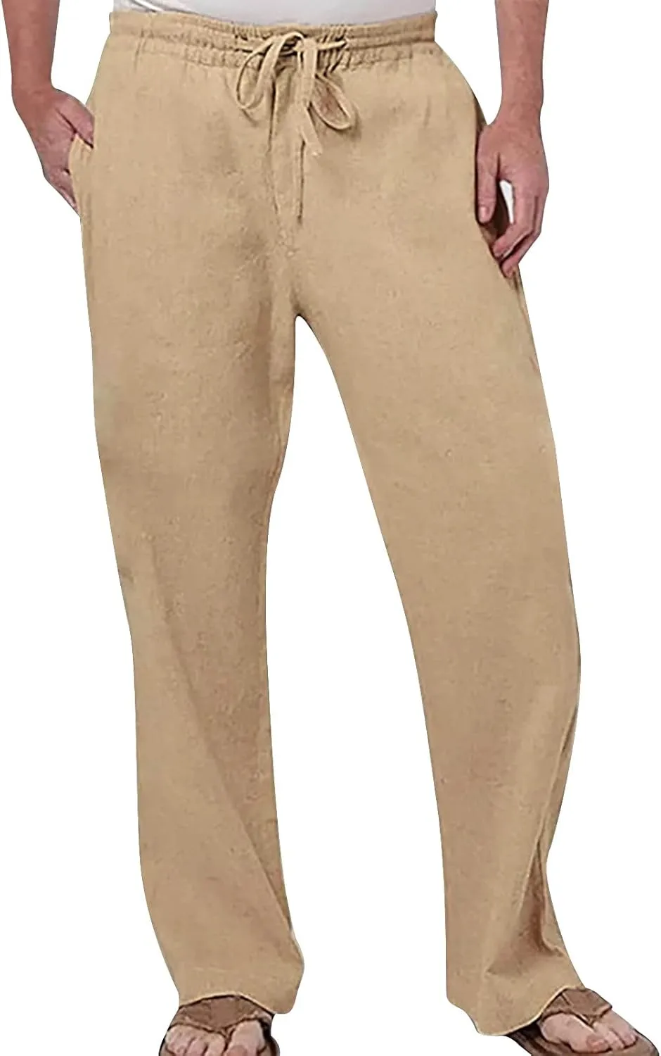 Linen Pants for Men Casual Relaxed Fit Lightweight Wide Leg Elastic Waist Breathable Pants Baggy Joggers